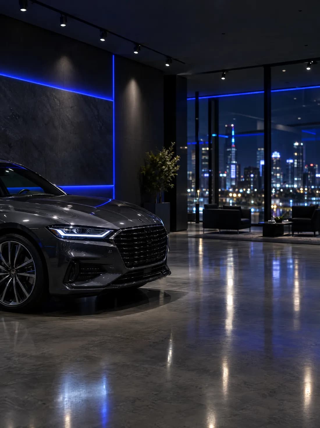 Showroom de BRAND de noche con luces azules.